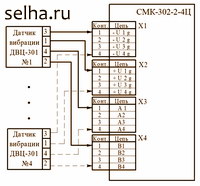 Схема подключения датчиков вибрации ДВЦ-301 к контроллеру СМК-302-2-4Ц